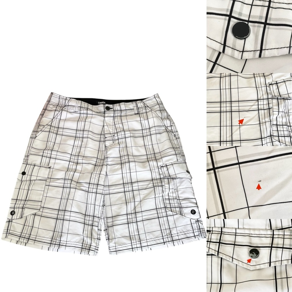 Carbon White and Black Plaid Relaxed Cargo Shorts Men’s 38